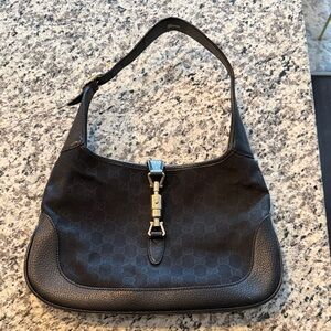 Gucci Black GG Canvas Shoulder Bag with Gold Hardware